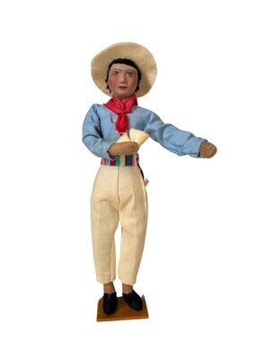 Vintage Mexican Folk Art Doll Traditional Outfit Felt Hat Red Neckerchief Stand